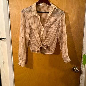 Tan and white sheer, tie in front button up